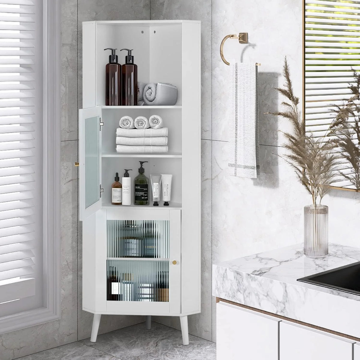White Corner Cabinet with Glass Doors Y312253
