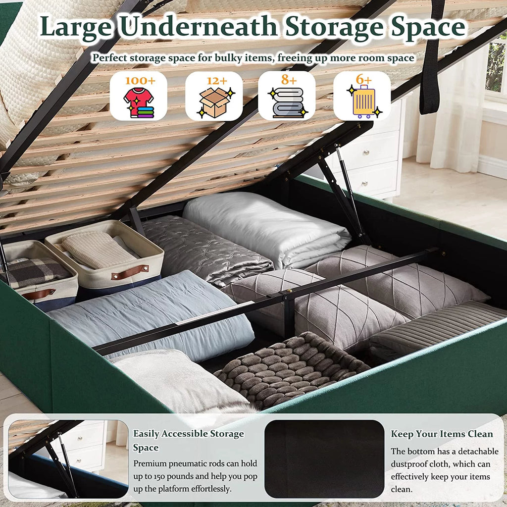 Queen Size Green Linen Upholstered Storage Bed Q642730