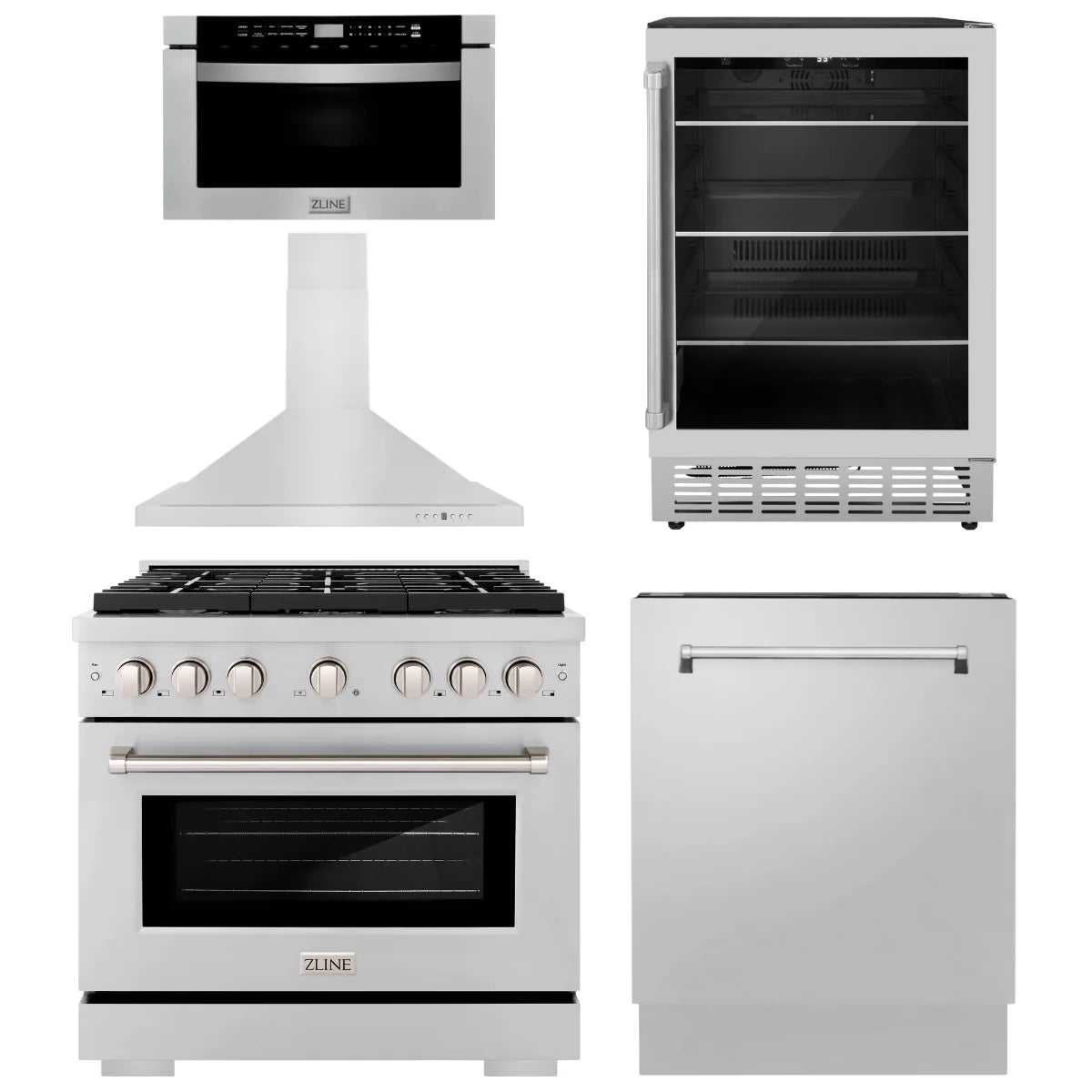 36 Gas Range, Range Hood, Microwave Drawer, Dishwasher and Beverage Fridge K8407