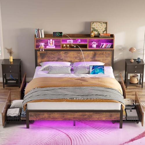 Queen Bed Frame with Storage, 4 Drawer, USB Charging Station, LED Lights, Bookcase Headboard, Black I628466