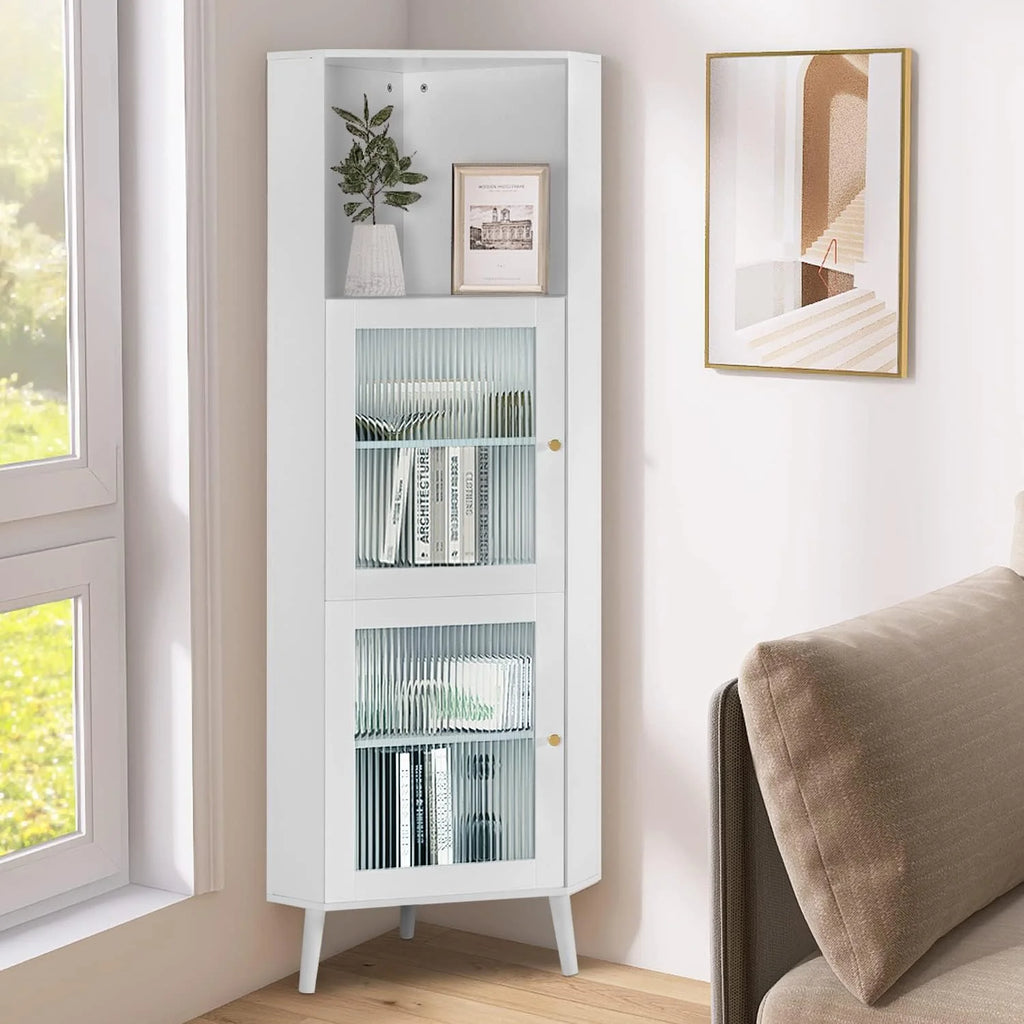White Corner Cabinet with Glass Doors Y312253