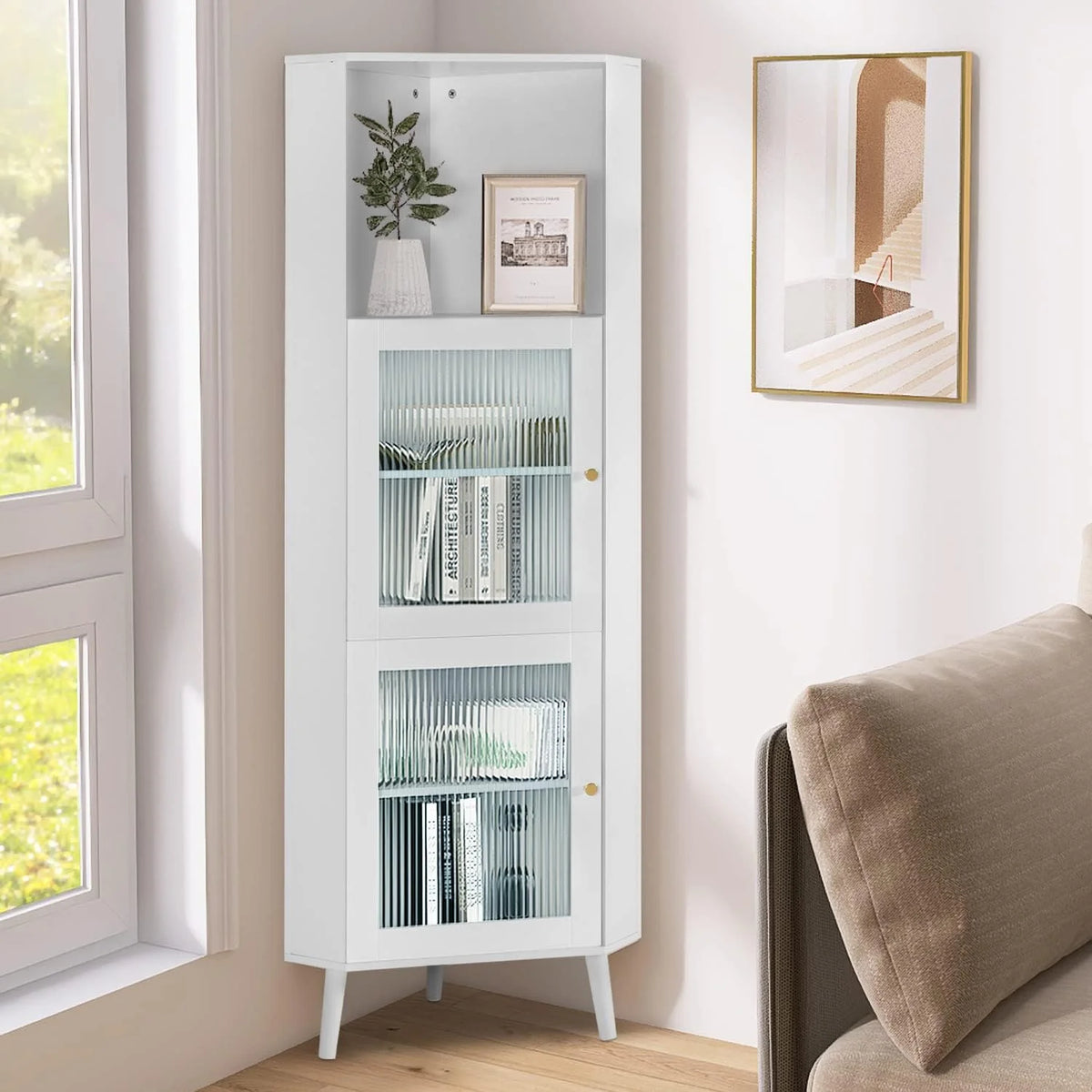 White Corner Cabinet with Glass Doors Y312253
