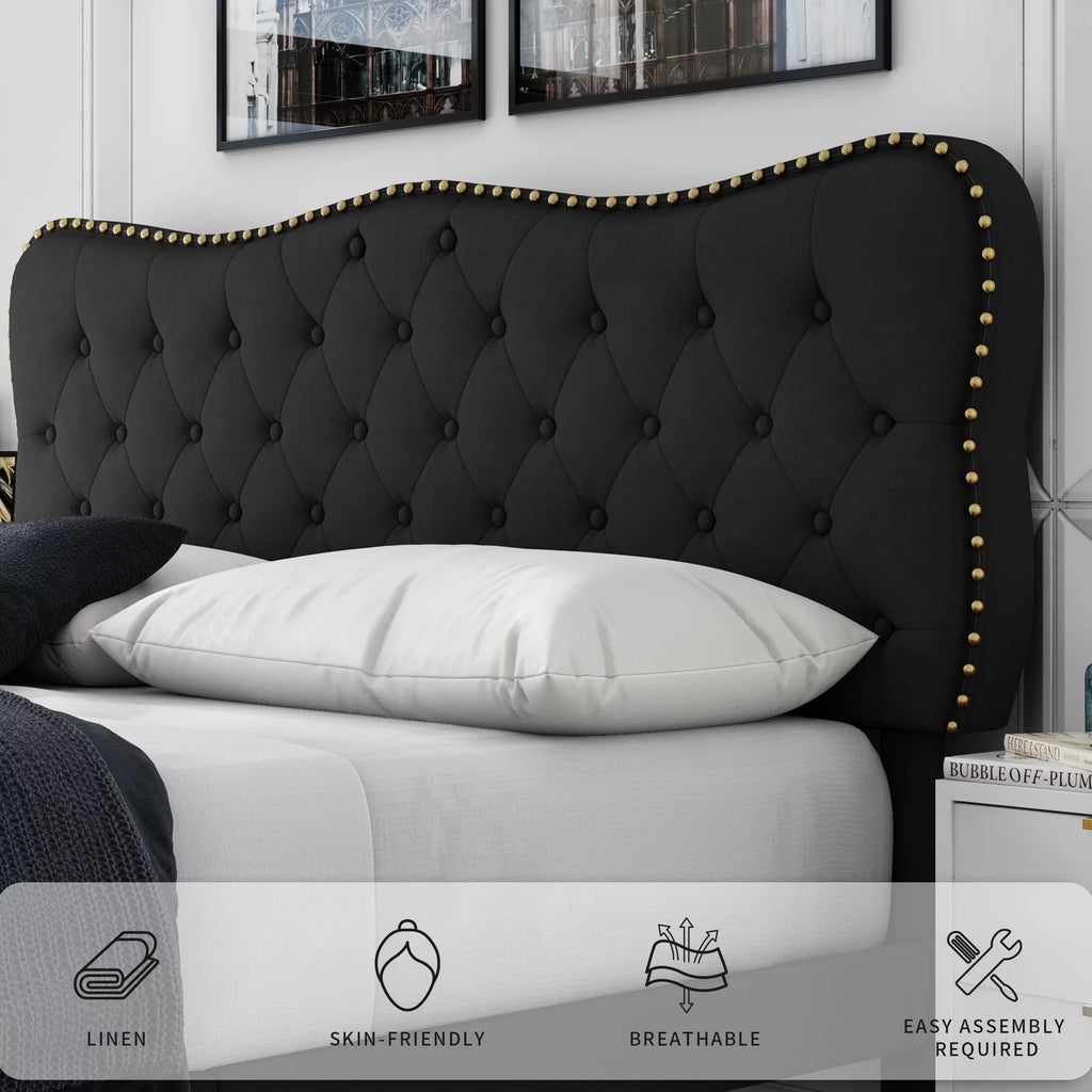 Queen Size Black Linen Upholstered Platform Bed with Tufted Headboard Y2457