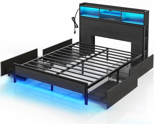 Queen Bed Frame with Storage, 4 Drawer, USB Charging Station, LED Lights, Bookcase Headboard, Black I628466