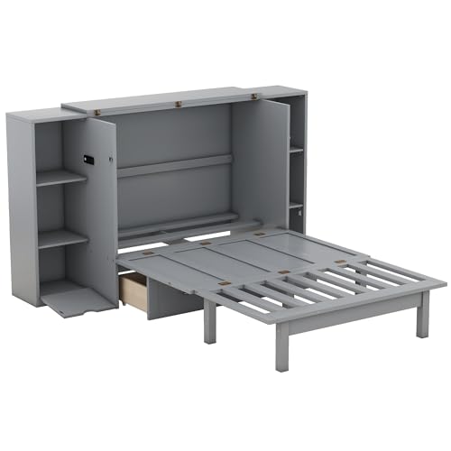 Queen Size Murphy Bed with Storage 2 Drawers and Shelves M93262