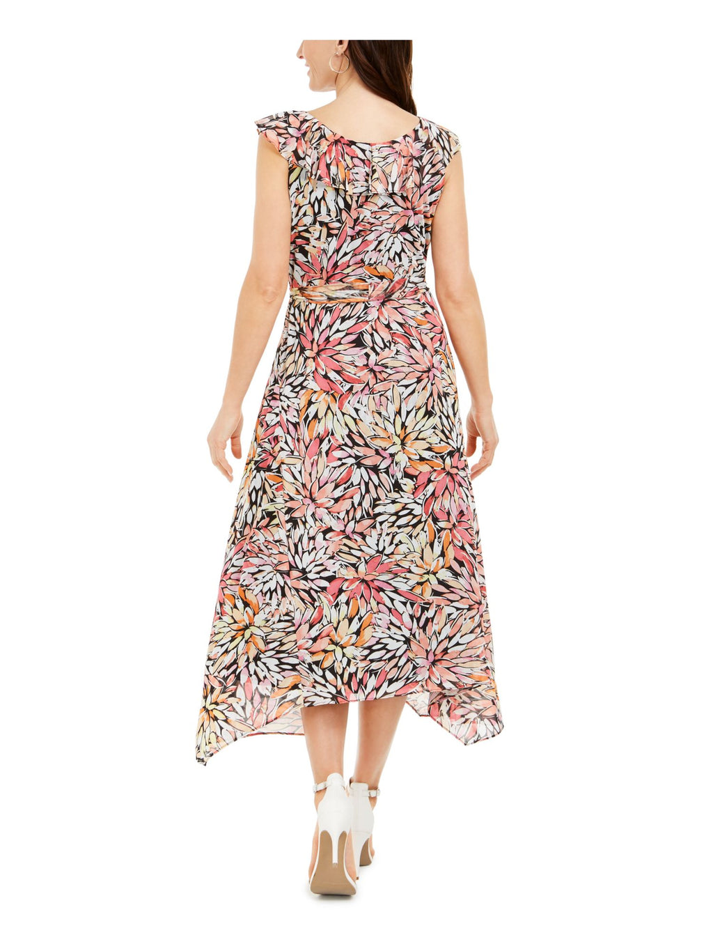 Black Ruffled Floral Cap Sleeve V Neck Tea-Length Shift Dress Petites 8P G614