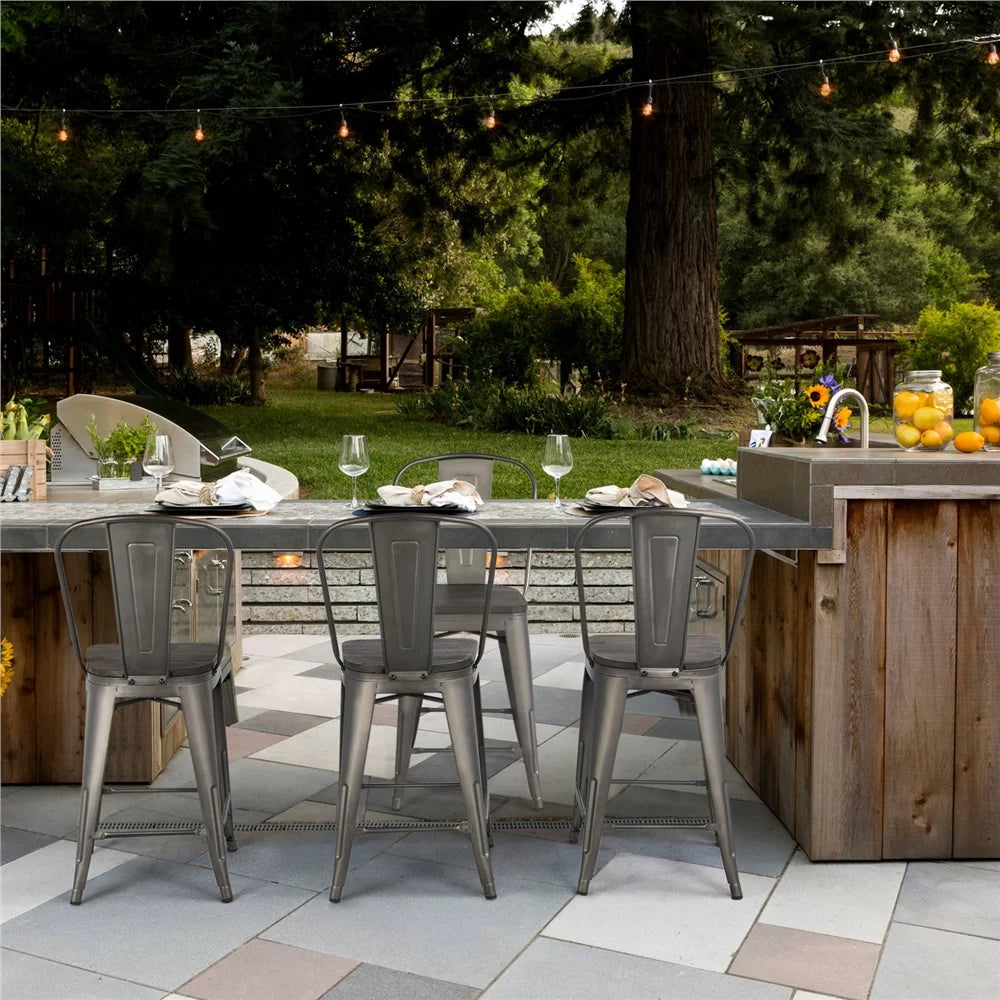 4pcs Industrial Metal Bar Stool with Solid Wood Seat E533872