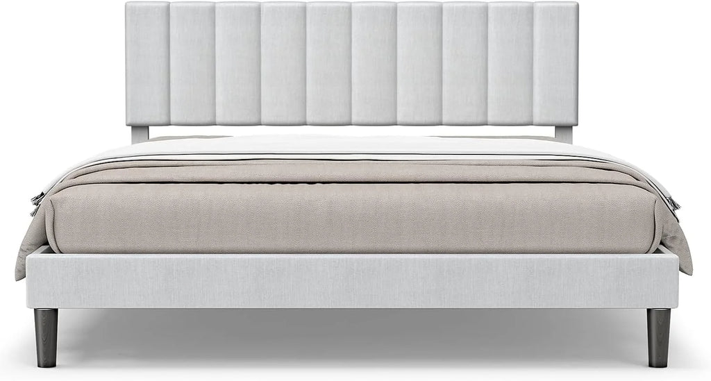 Queen Size Light Grey Linen Upholstered Platform Bed Frame X813346