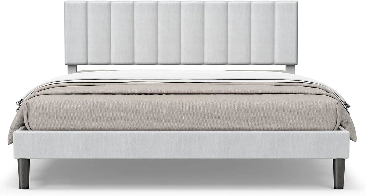Queen Size Light Grey Linen Upholstered Platform Bed Frame X813346