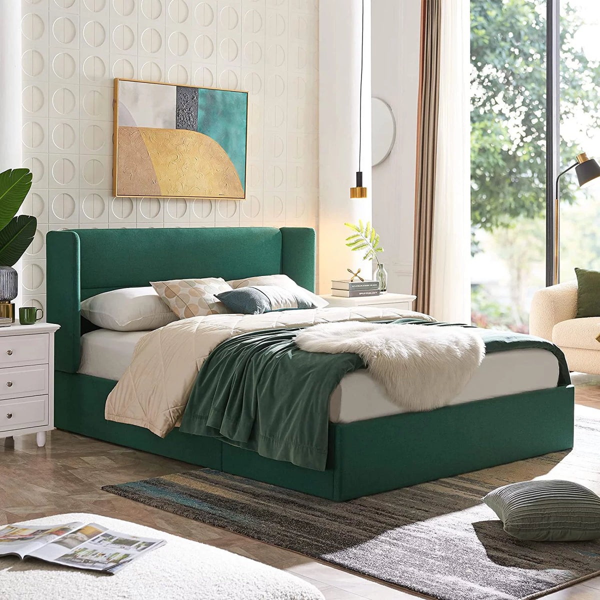 Queen Size Green Linen Upholstered Storage Bed Q642730