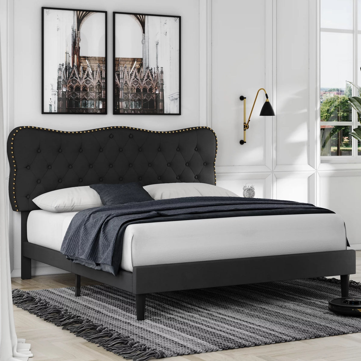 Queen Size Black Linen Upholstered Platform Bed with Tufted Headboard Y2457