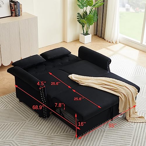 Black Velvet Convertible Sofa Bed with 2 Lumbar Pillows I464