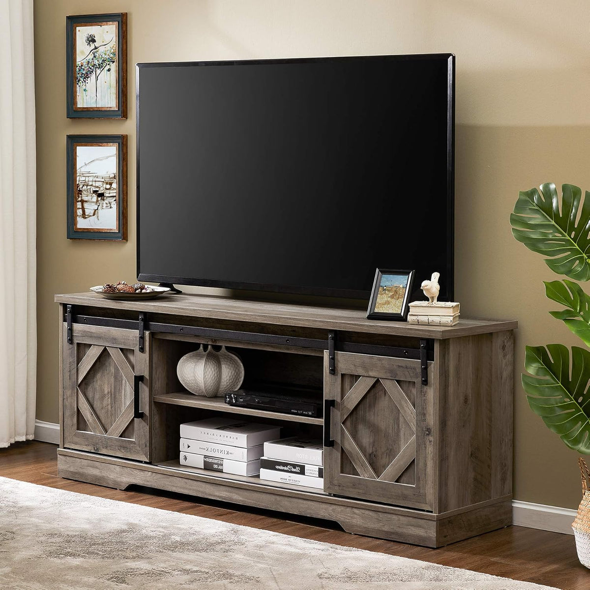 Farmhouse Sliding Barn Door TV Stand for TVs Up to 65 inch, Rustic Brown U5673