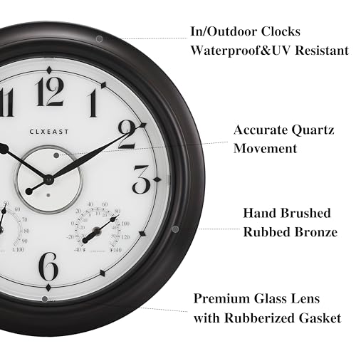 Illuminated Outdoor Clocks Waterproof 18 inch with Smart Sensor, Large Outdoor Clock with Thermometer & Hygrometer, Oil Rubbed Bronze Black Z769407