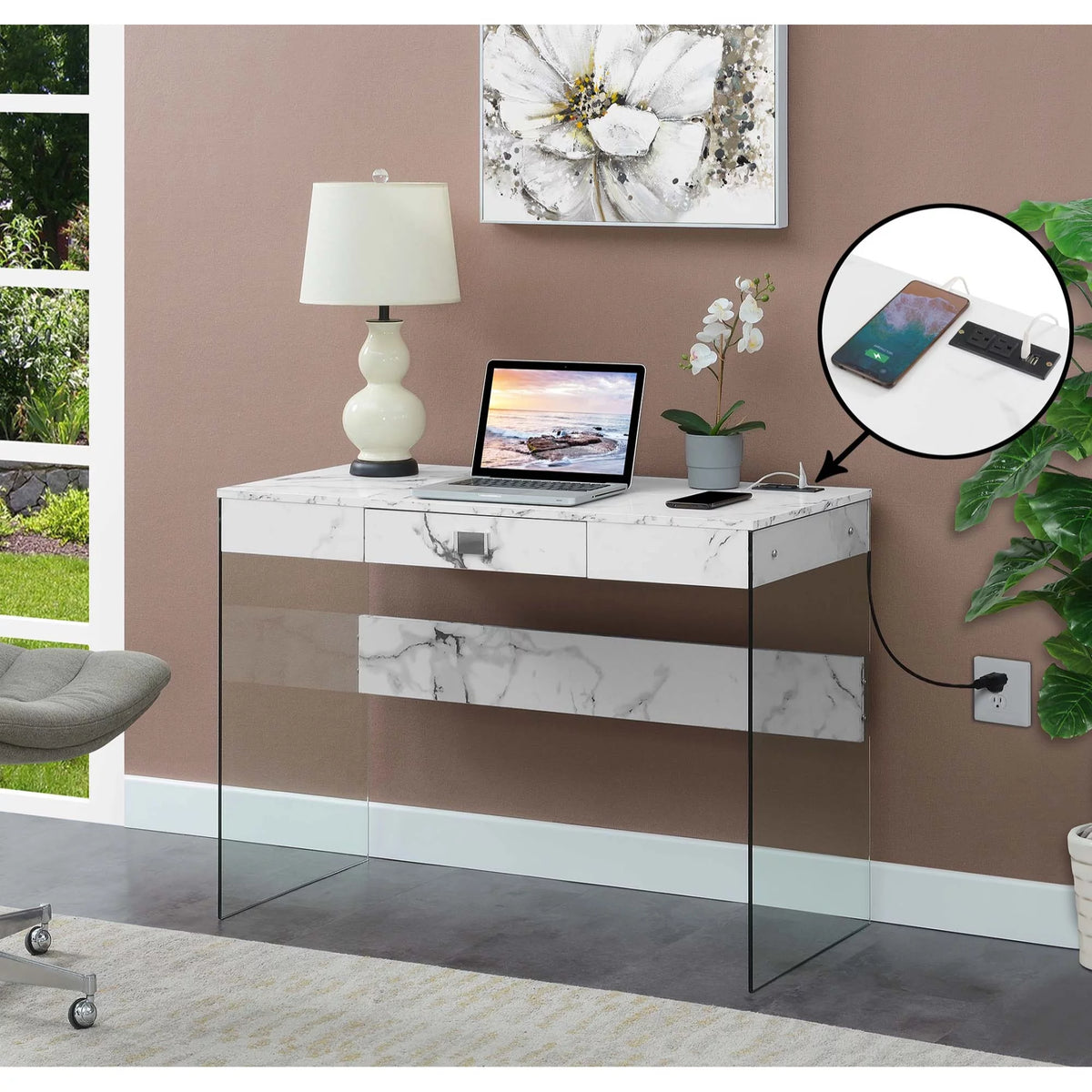 Glass Desk with Charging Station I592610