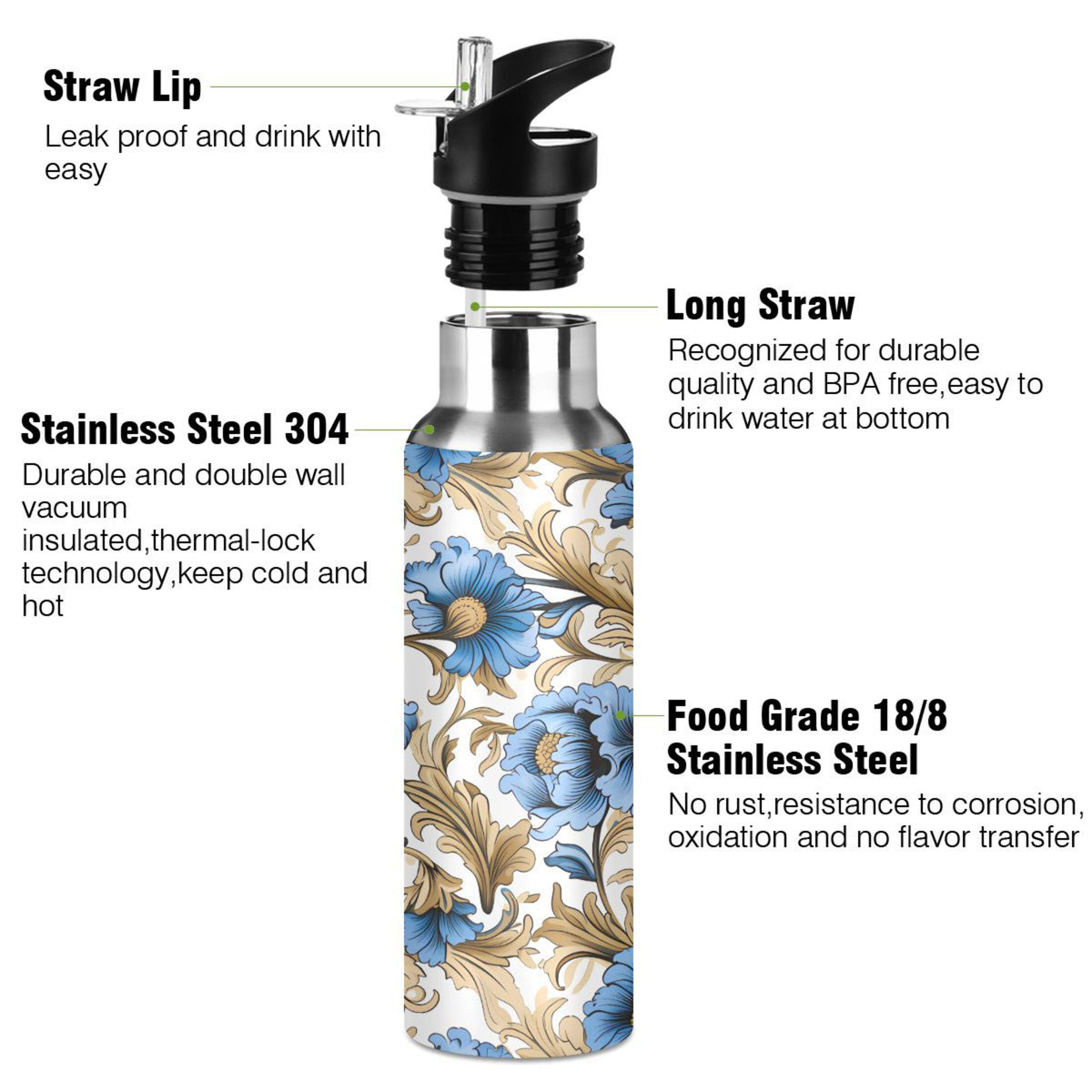 Blue Flowers Gold Leaves Stainless Steel Insulated Water Bottle A739