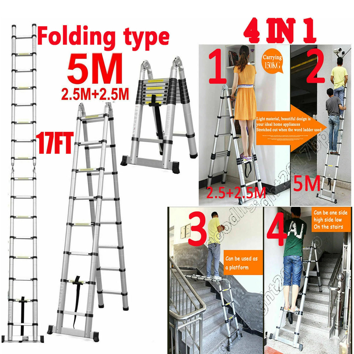 16.5Ft Aluminum Telescoping Extension Ladder with 330lbs Capacity R433609