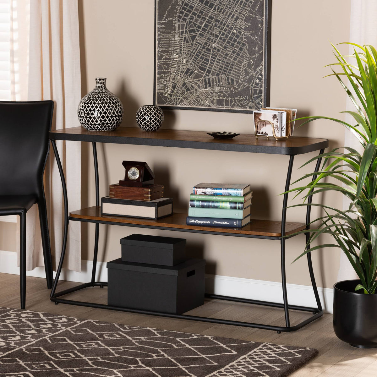 Rustic Industrial Walnut Brown Wood and Black Metal Console Table G9056