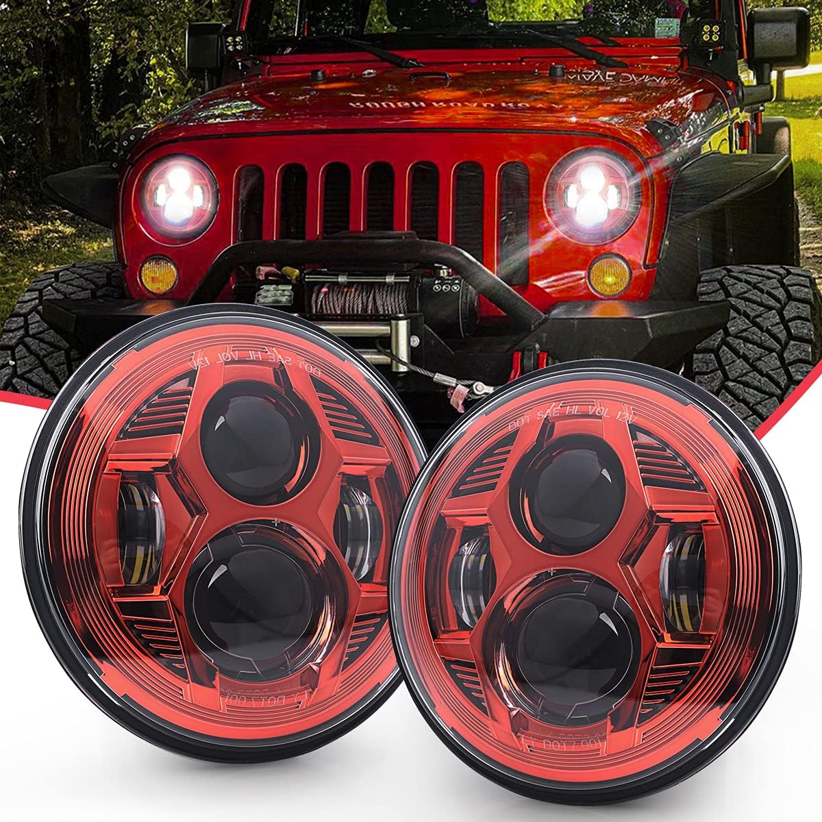 7 Inch Red Round LED Headlights T548