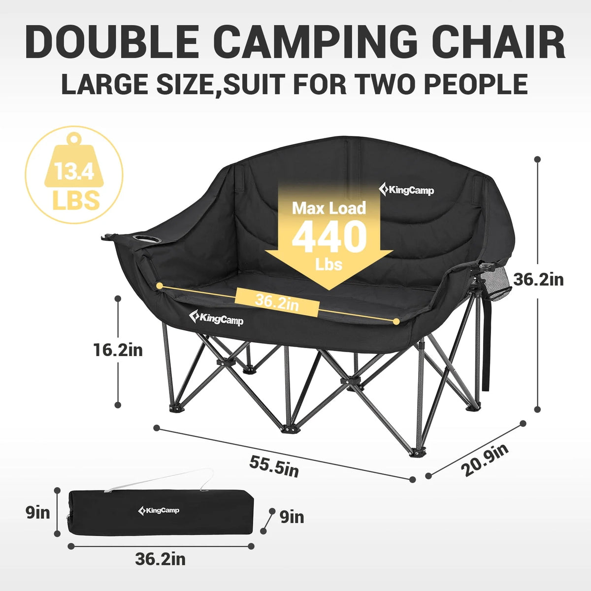 Kingcamp Loveseat Camping Chair for Adult Double Camping Chair Folding Chair for Two People Heavy Duty Support Up to 440 lbs（Black） B901166