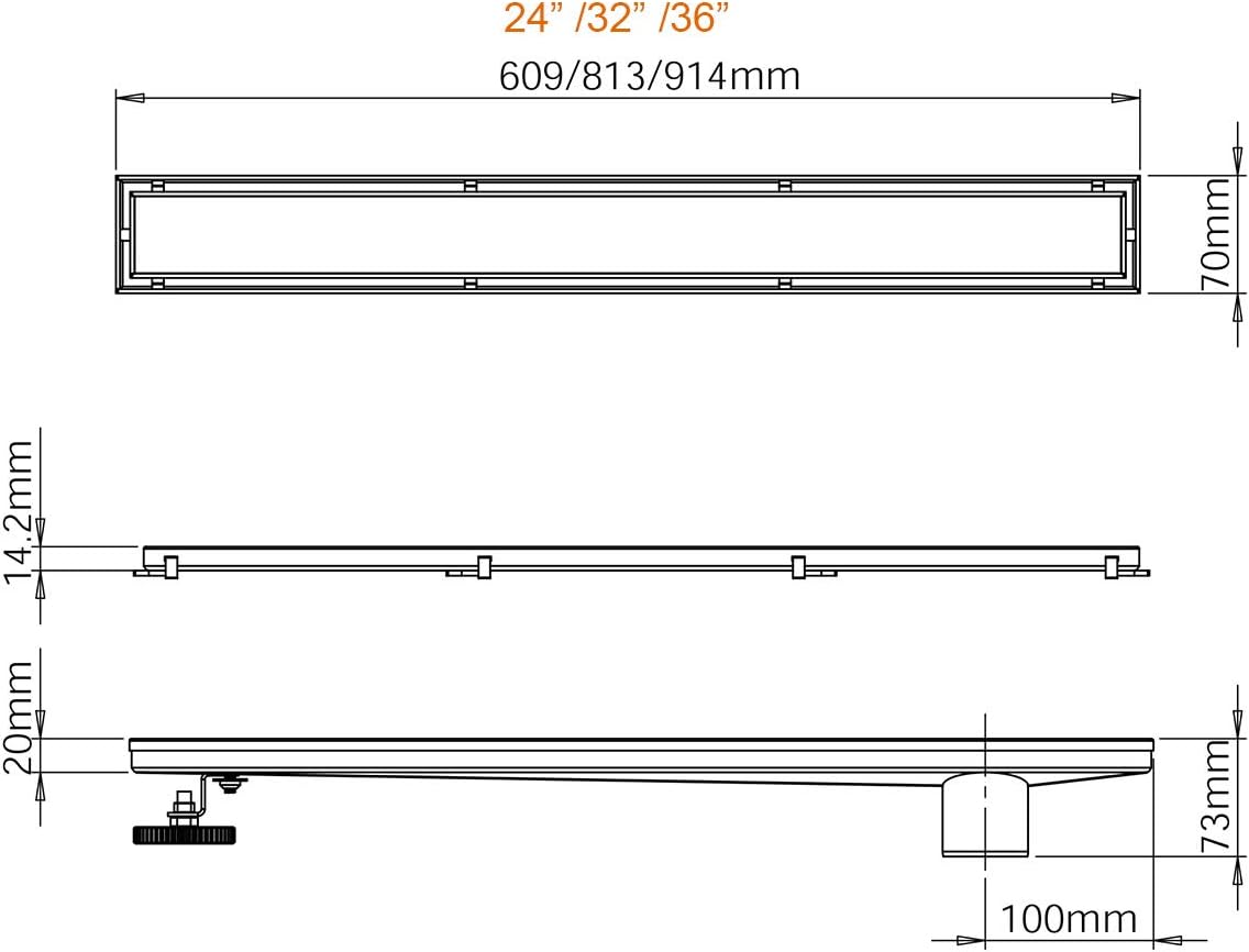 36-Inch Offset Linear Shower Drain with Tile Insert Grate Cover, Brushed 304 Stainless Steel Rectangle Side Outlet Shower Floor Drain Y83697