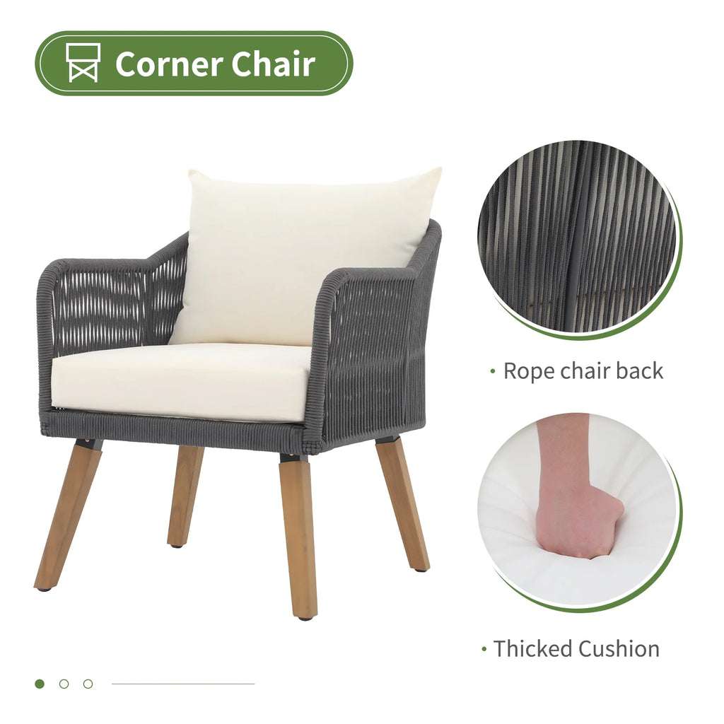 Cream White Acacia Wood Patio Rope Sofa Set with Coffee Table R4892