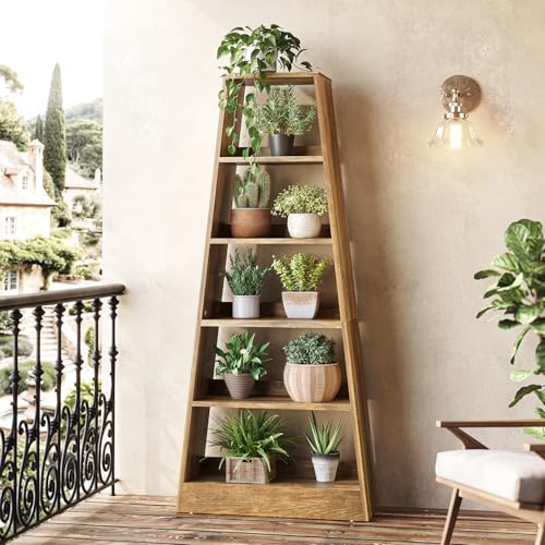 6-Tier Tall Wooden Ladder Bookcase in Warm Umber I338