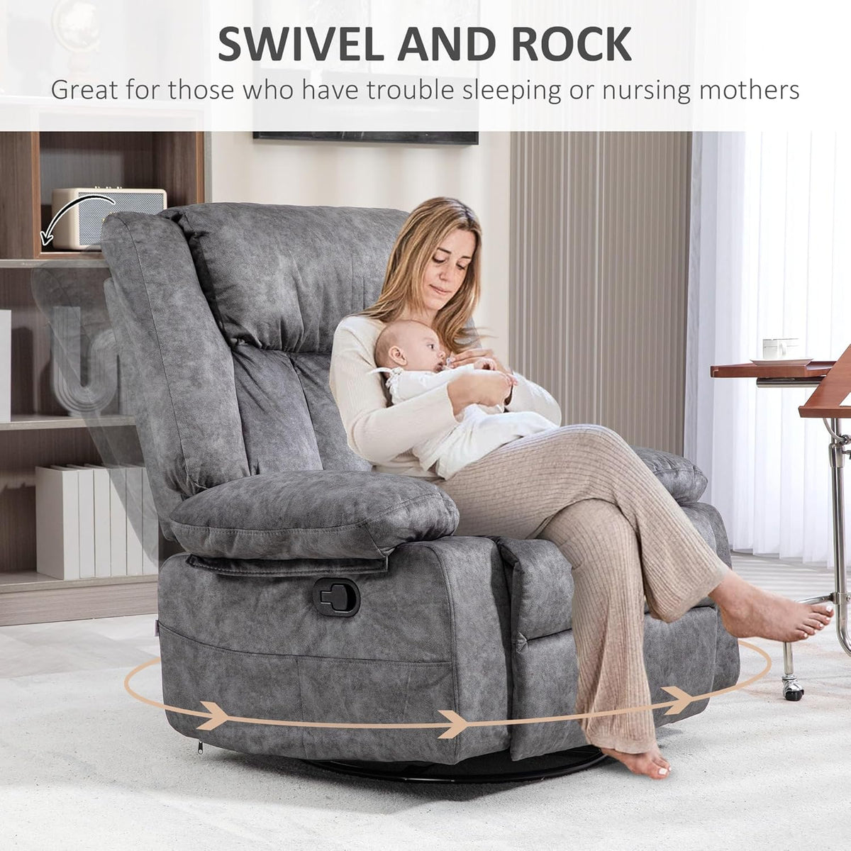 Gray Swivel Rocker Recliner Chair with Side Pockets and Metal Base H787