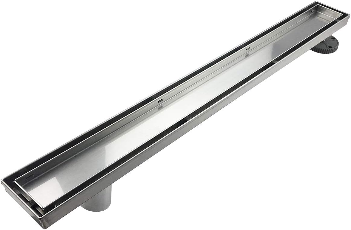 36-Inch Offset Linear Shower Drain with Tile Insert Grate Cover, Brushed 304 Stainless Steel Rectangle Side Outlet Shower Floor Drain Y83697