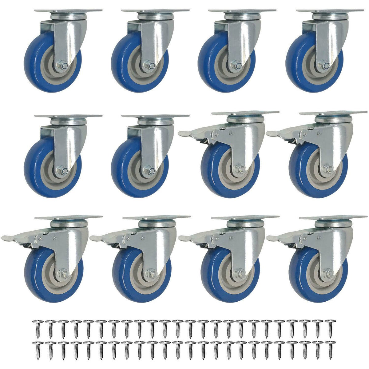 12 Pack 3 inch Swivel Plate Caster Wheels Blue Polyurethane with Screws F622