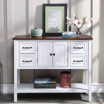 Brown 4 Drawers Console Table with Cabinet and Shelf D384
