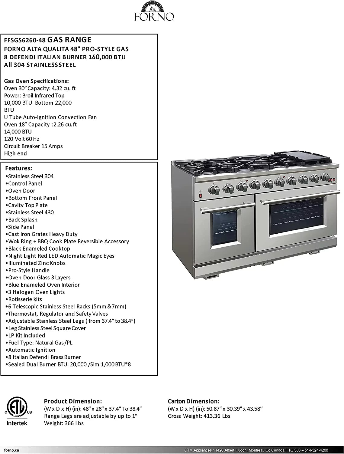 48-inch 8-Gas Burner Freestanding Range with Dual Oven in Stainless Steel C357455