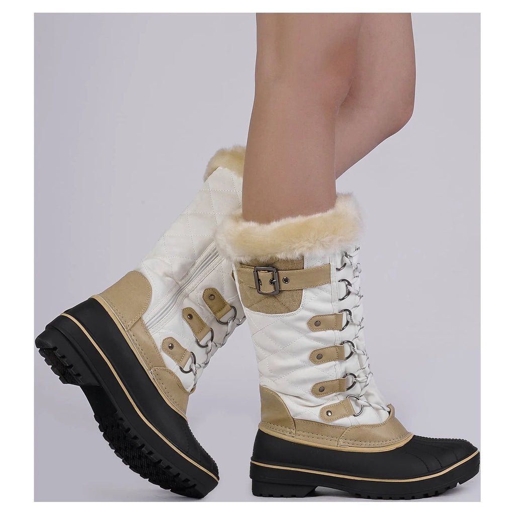 BEIGE/WHITE Waterproof Faux Fur Lined Mid Calf Snow Boots I3717
