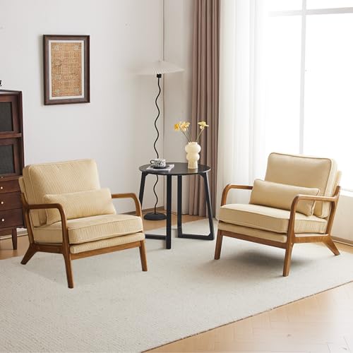 Beige Yellow Corduroy Accent Chair with Pillow U70003