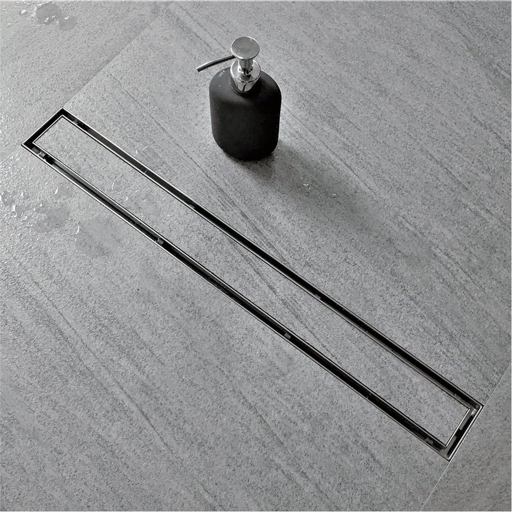 36-Inch Offset Linear Shower Drain with Tile Insert Grate Cover, Brushed 304 Stainless Steel Rectangle Side Outlet Shower Floor Drain Y83697