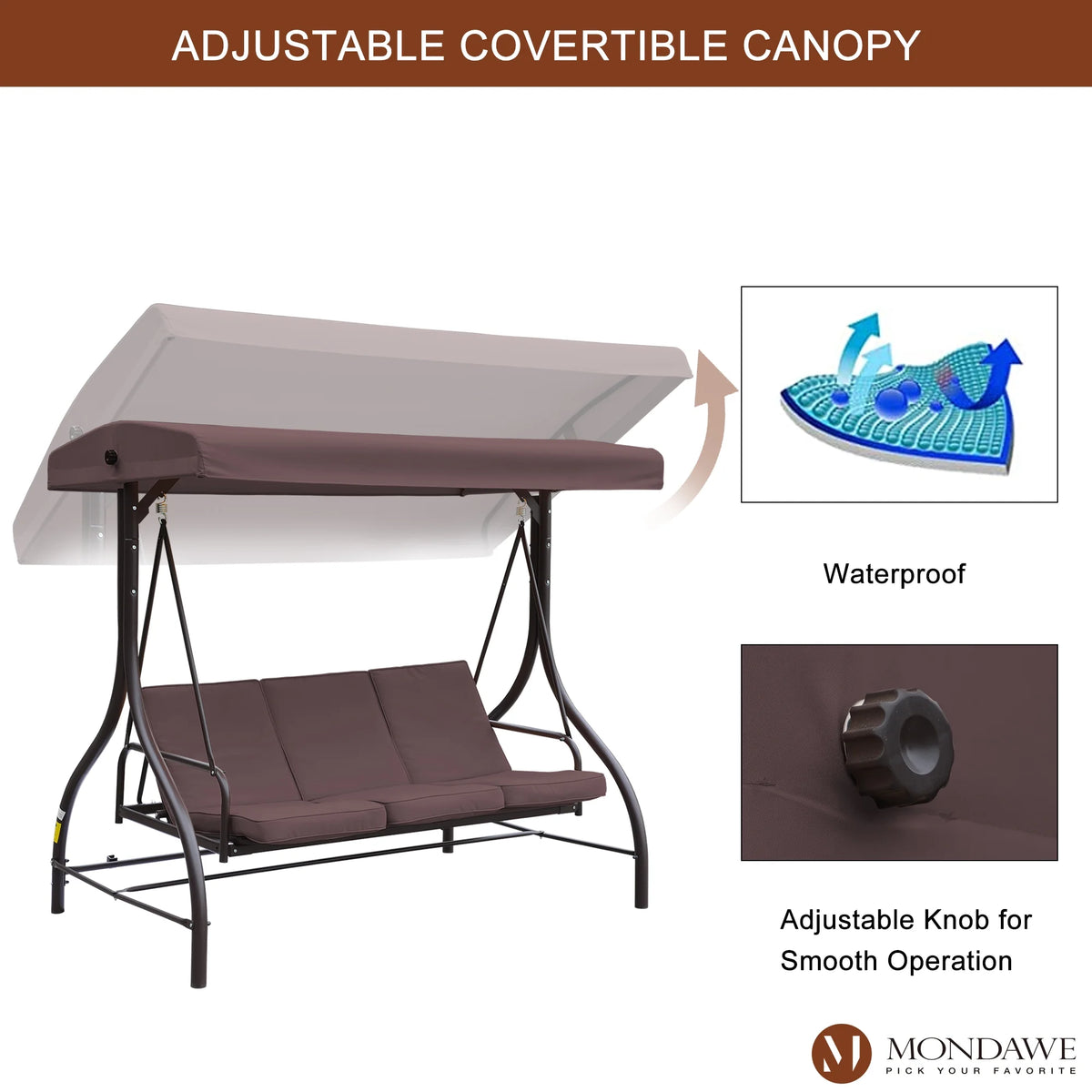 Outdoor Patio Swing Chair with Canopy and Removable Cushion, 3 Seater Q308644