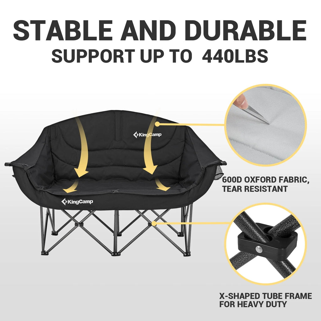 Kingcamp Loveseat Camping Chair for Adult Double Camping Chair Folding Chair for Two People Heavy Duty Support Up to 440 lbs（Black） B901166