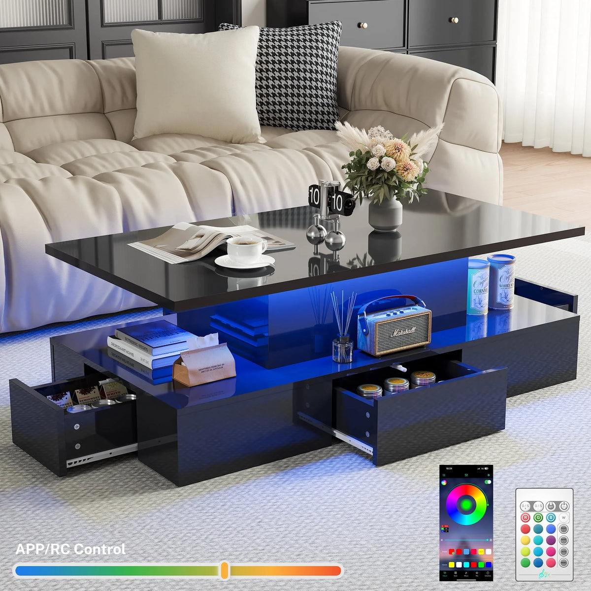 Black LED Coffee Table with 4 Drawers T12227
