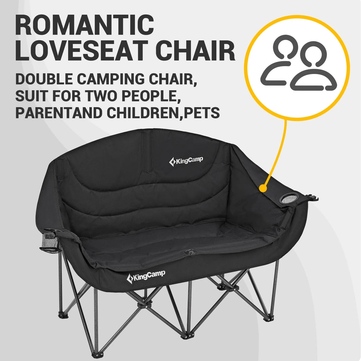 Kingcamp Loveseat Camping Chair for Adult Double Camping Chair Folding Chair for Two People Heavy Duty Support Up to 440 lbs（Black） B901166