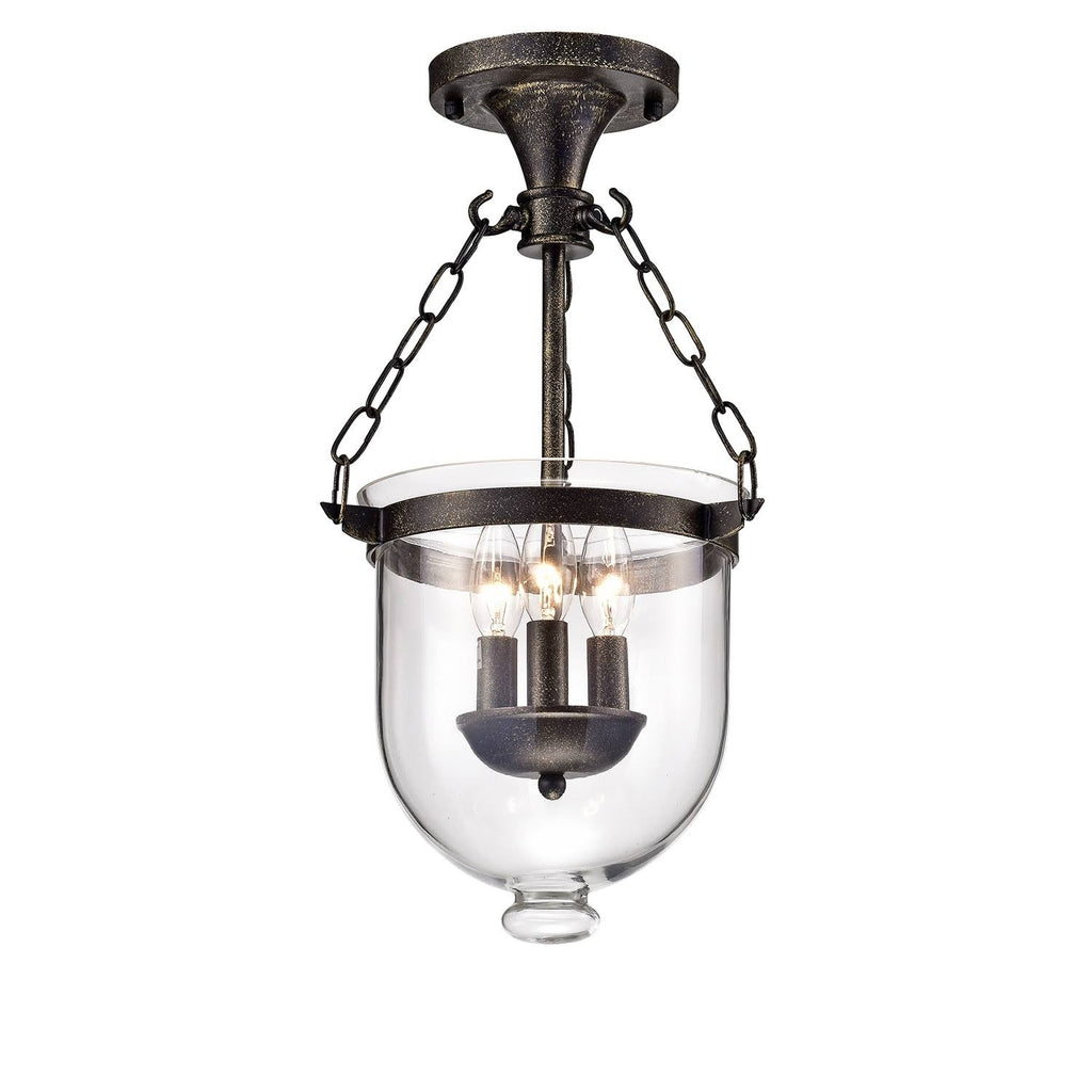Antique Bronze 3-Light Glass Lantern Semi Flush Mount K332