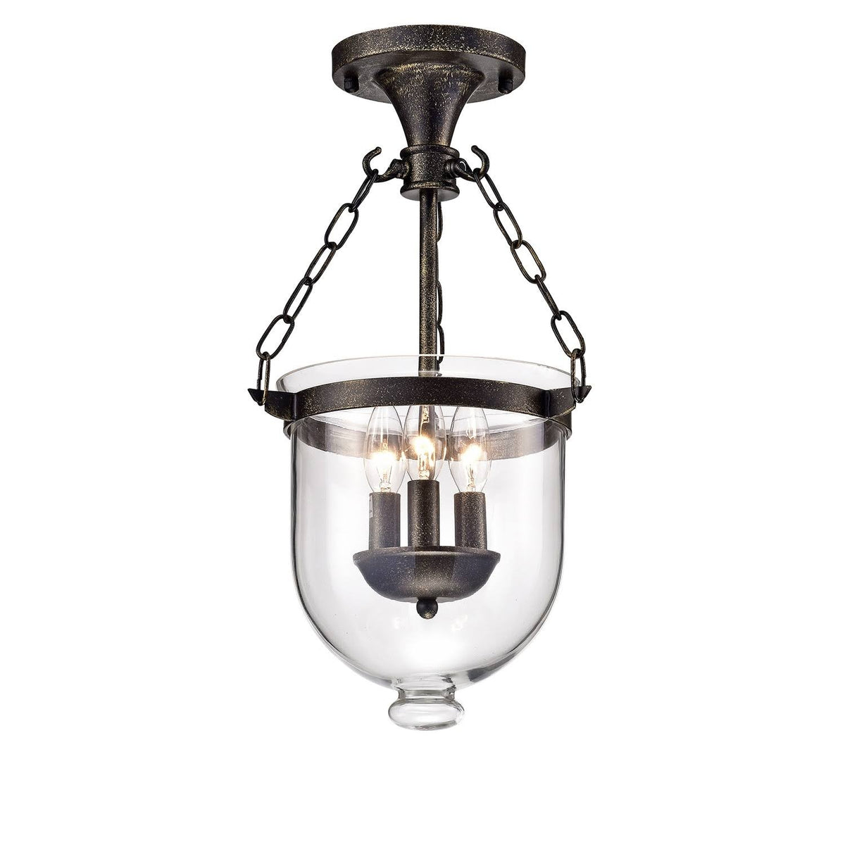 Antique Bronze 3-Light Glass Lantern Semi Flush Mount K332