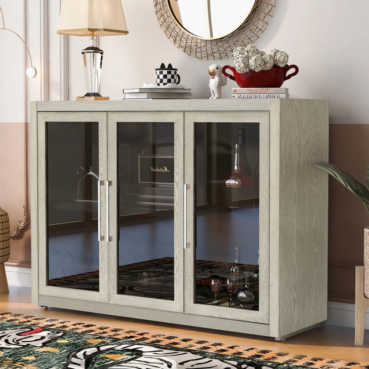 Wood Storage Cabinet with Three Tempered Glass Doors and Adjustable Shelf J703772