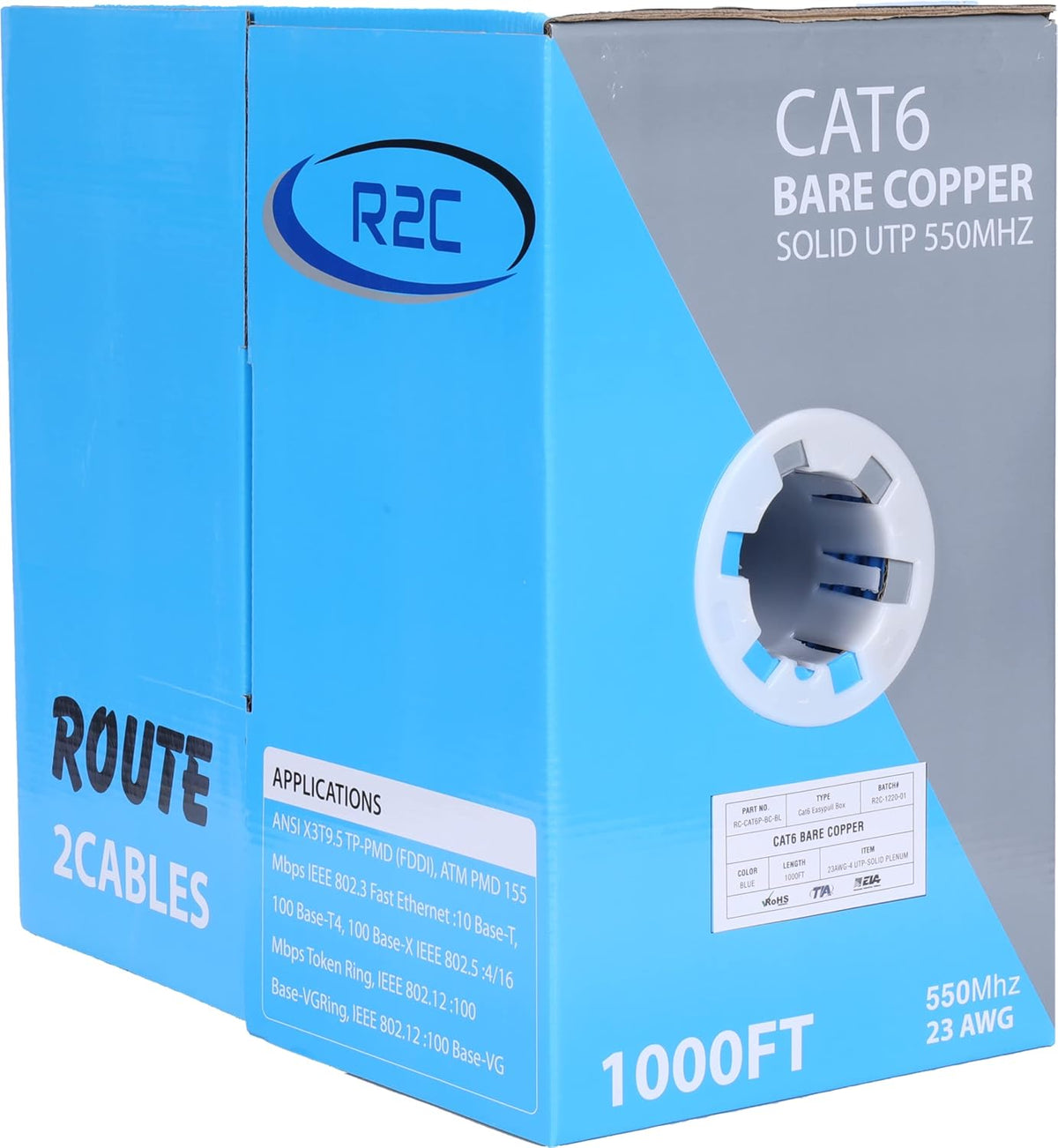 Cat6 Plenum Solid Bare Copper Ethernet Cable 1000ft Blue W846