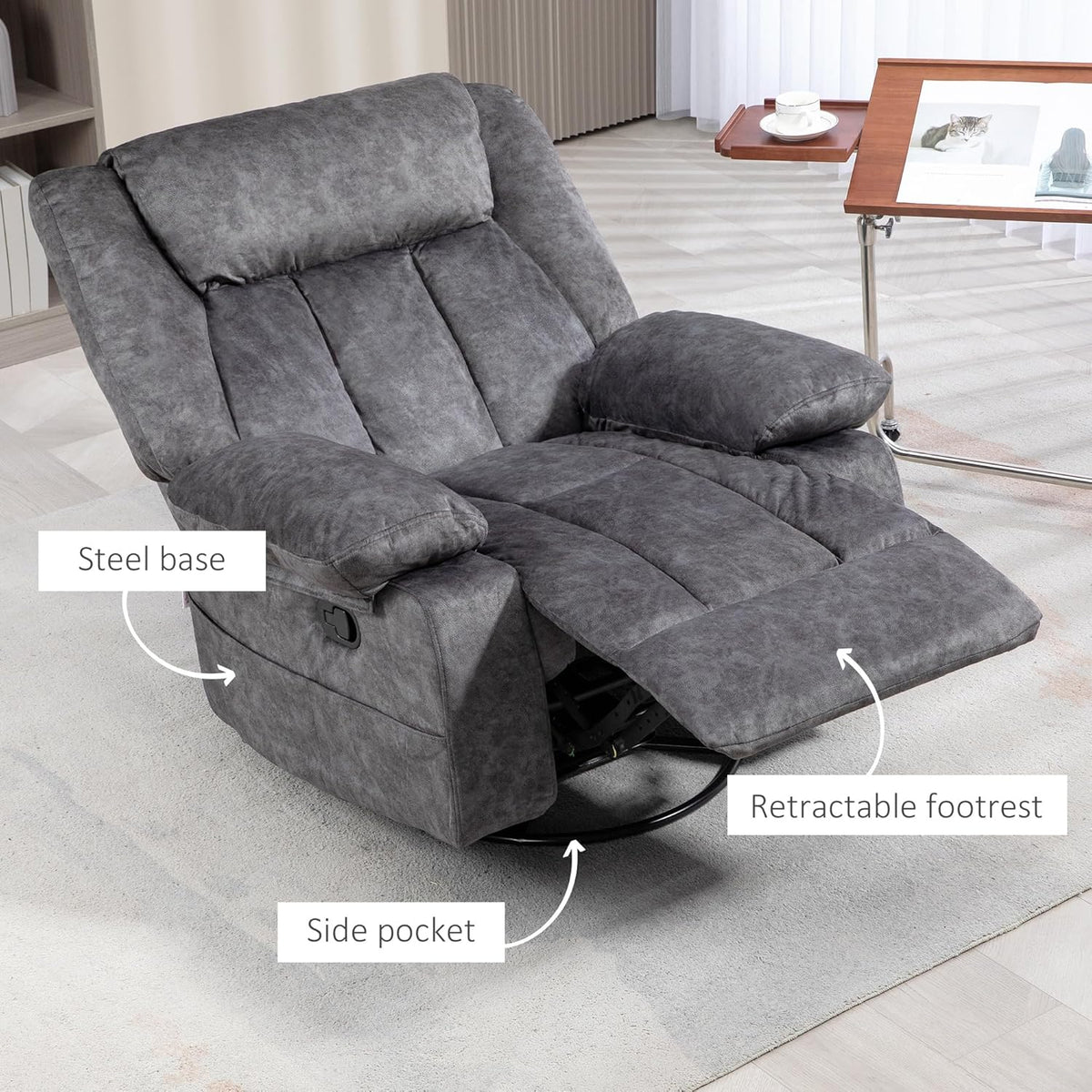 Gray Swivel Rocker Recliner Chair with Side Pockets and Metal Base H787