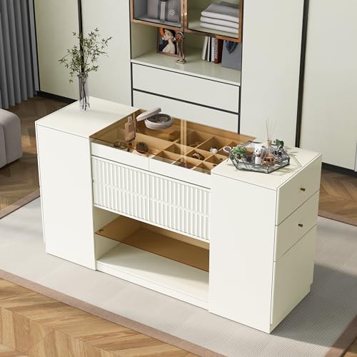 White Glass Top 6 Drawer Wooden Closet Storage Cabinet T10783
