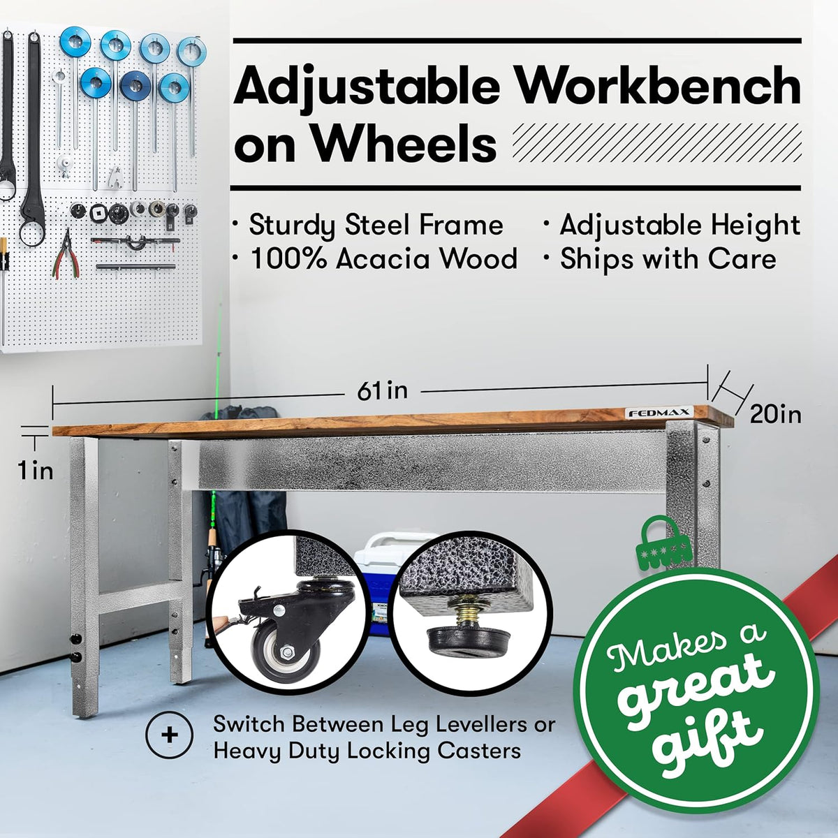 Acacia Wood Work Bench with Caster Wheels and Adjustable Height Legs T8517