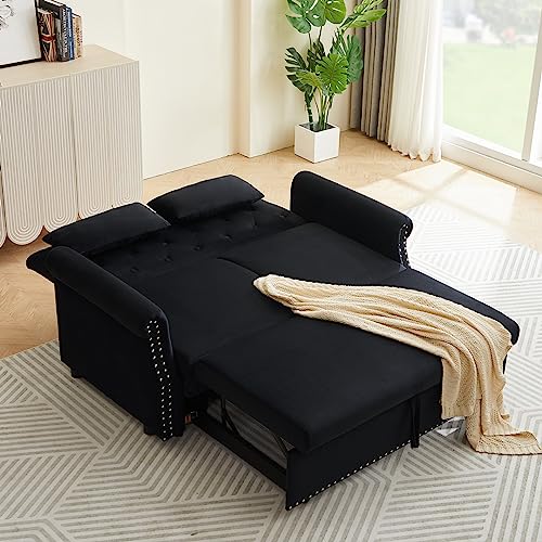 Black Velvet Convertible Sofa Bed with 2 Lumbar Pillows I464