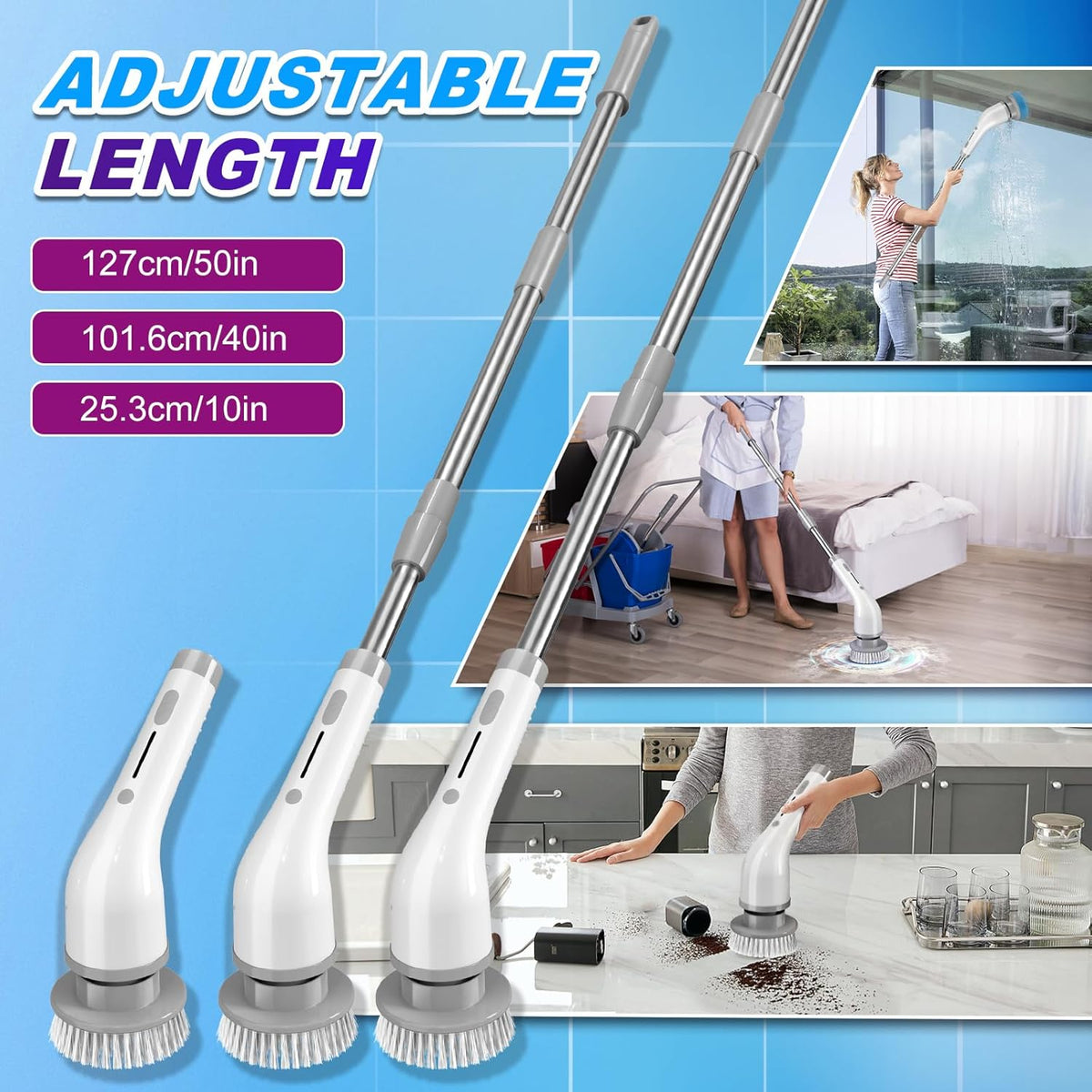 Gray Rechargeable Electric Spin Scrubber with 7 Brush Heads M2931