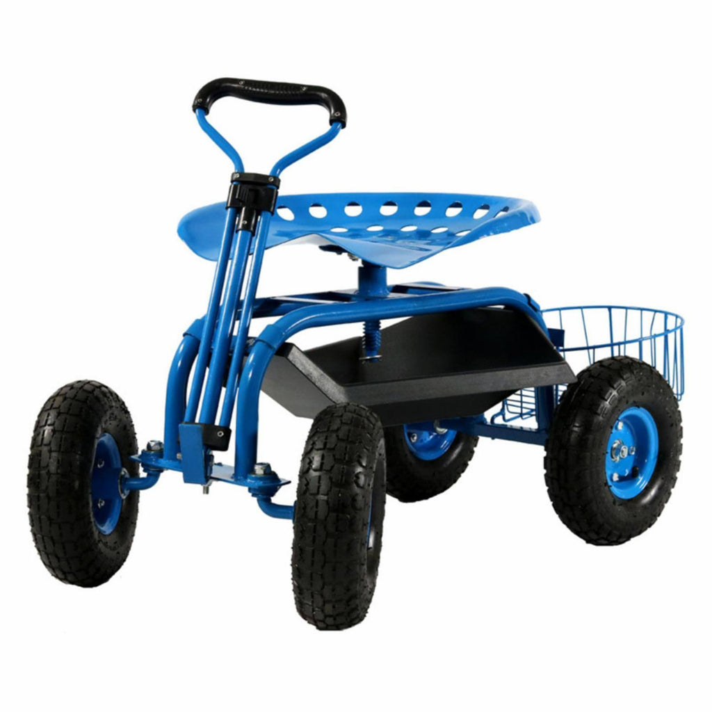 Blue Rolling Garden Cart with Extendable Steering Handle, Swivel Seat T359193