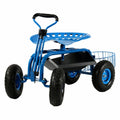 Blue Rolling Garden Cart with Extendable Steering Handle, Swivel Seat T359193